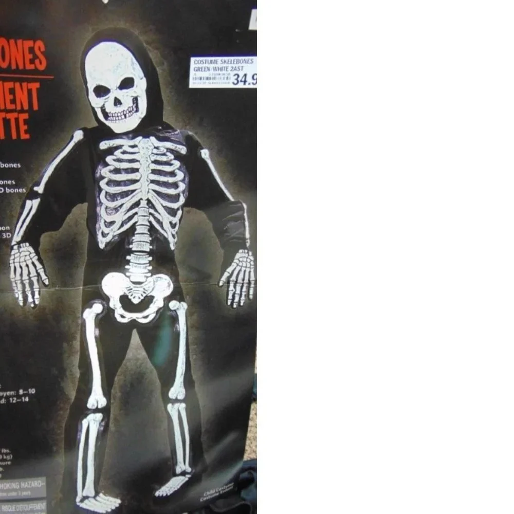 Skeleton Halloween Costume 12/14 White Skelebones 3-D Jumpsuit, Mask 6 Pc Boys